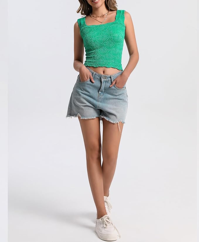 Women's Square Neck Wide Strap Crop Tank Tops Flower Going Out Tops Slim Fit Lettuce Trim Crop Cami Tops - Image 5