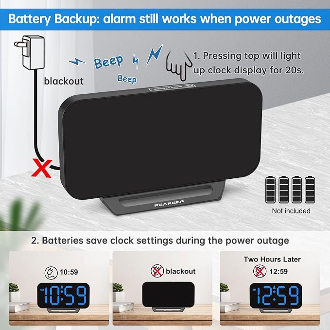 Peakeep Small Digital Alarm Clock for Bedrooms, Loud for Heavy Sleepers | Dimmable Plug in Electric Large Numbers Clock Battery Backup, Slim Clock for Table Office Modern Living Room (BB) - Image 5