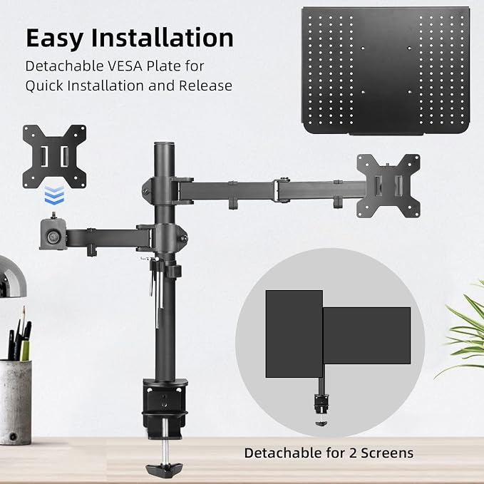 suptek Monitor and Laptop Mount Holds 13-32 inch Computer Screen, Adjustable Monitor Arm Stand with Laptop Tray for 13-27 inch, Hold 22 lbs, with Clamp and Grommet Mounting Base - Image 6