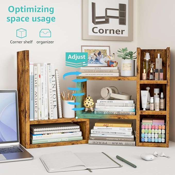 NUTIKAS Desk Shelves Desktop Organizer Shlef - Rustic Office Organization for Top of Desk Organizers and Accessories Corner Bookshelf Table Top Shelving Small Hutch Decorations for Office - Image 5