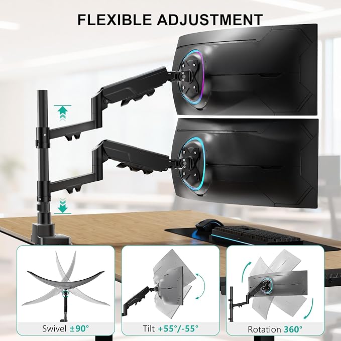 WALI Vertical Dual Monitor Mount for 17-49 inch Ultrawides Curved Screens, Heavy Duty Stacked Dual Monitor Stand for Desk, Adjustable Ultrawide Monitor Arm up to 33lbs, VESA Mount 75/100mm, Black - Image 3