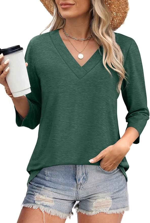 WIHOLL Womens Tops 3/4 Length Sleeve V Neck Casual Tunic Tops Basic Shirts Loose Fit Blouse - Image 2