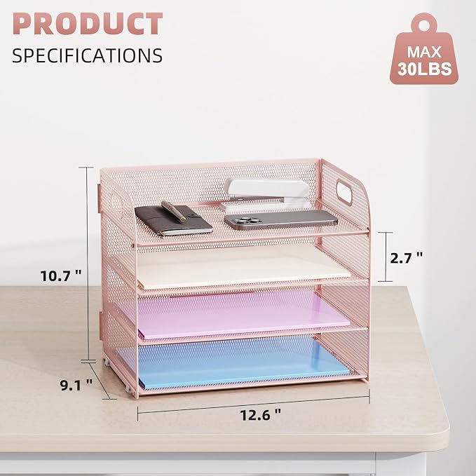Marbrasse 2 Pack 4 Tier Paper Organizer Letter Tray - Mesh Desk File Organizer with Handle, Paper Sorter Organizer for Letter/A4 Office File Folder Holder (Pink, 12.6" x 9.1" x 10.7") - Image 3