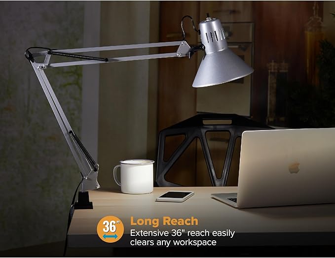 Bostitch Office VLF100-SLV Swing Arm Desk Lamp with Clamp Mount, 36" Reach with Multi-Joint Adjustment, Includes Replaceable LED Bulb (VLF), Silver - Image 4