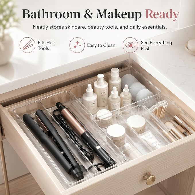 12 Pack Large Drawer Organizer Bins - Clear Plastic Bathroom Drawer Organizer Trays - Heavy Duty Kitchen Drawer Dividers for Utensils - Non-Slip Storage Bins for Makeup, Bedroom, Office Desk - Image 6