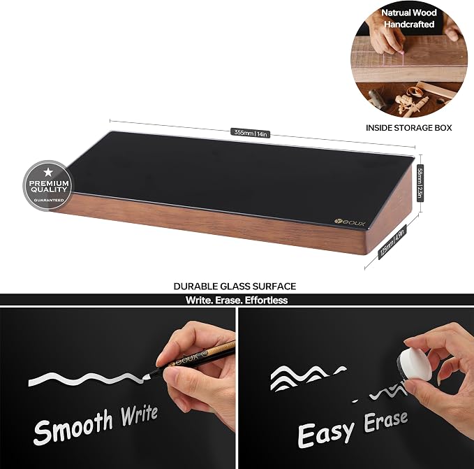Desktop Black Glass Dry Erase Board with Wood Organizers for Small Office Supplies, Desk Whiteboard with Drawer for Home Office Cubicle, Accessories Included, Yeoux | Build With Soild Walnut Wood & Tempered Glass, Small Office Supplies Storage, For Hom... - Image 2