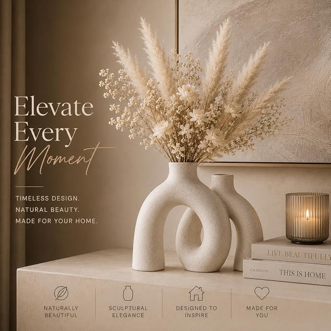 Cream White Decorative Vase Set - Modern Hug Donut Ceramic Vases by JAS & JAX GOODS, Minimalist Boho Style Centerpiece for Console Table, Living Room, Bookshelf, or Fireplace Mantel - Image 3