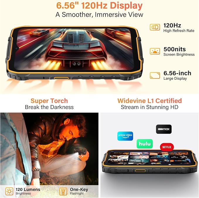 Ulefone RugKing 4 Pro Tough AI Rugged Phone, 10000 mAh 16GB + 128GB, Android 15 Octa-Core 48MP 6.56" 120Hz, 120LM Super Torch/3 Card Slots/IP68/IP69K/NFC, Package with Exclusive Armor Case- Black - Image 7