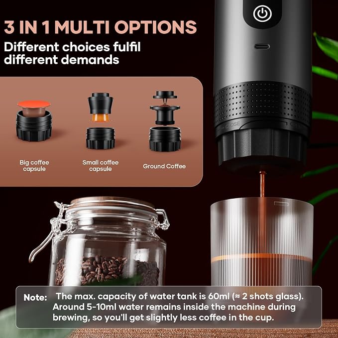Portable Coffee Maker Espresso Machine Cafetera Portatil Personal Rechargeable Coffee Maker Small for Travel Camping usb-c Battery Espresso Maker, 3-IN-1 Compatible with Ground Coffee & NS Capsule - Image 5