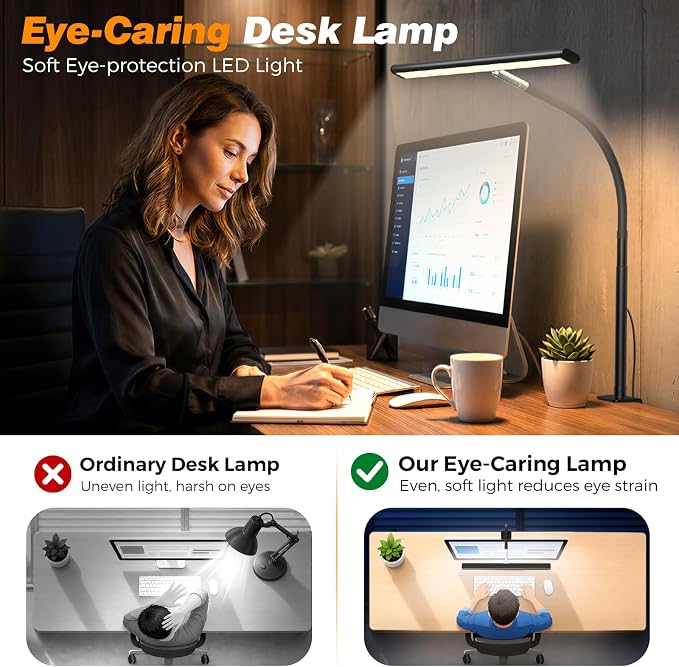 Airlonv LED Desk Lamp for Office Home, Eye-Caring Desk Light with Stepless Dimming Adjustable Flexible Gooseneck, 10W USB Adapter Desk Lamp with Clamp for Reading, Study, Workbench (Black) - Image 6