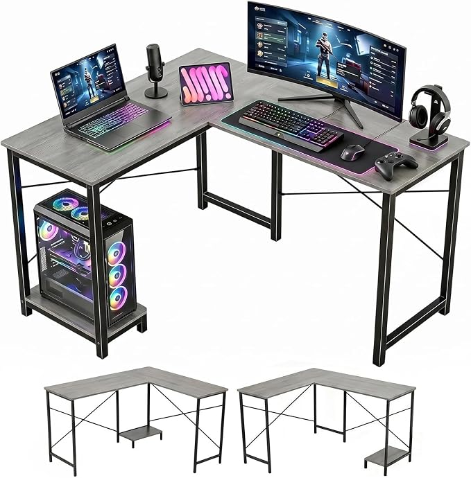 L Shaped Desk, 50 Inch Reversible Computer Desk Corner Gaming Table with CPU Stand, Sturdy Metal Frame PC Workstation for Home Office | Storage Bag, Grey Corner Gaming Desk, Sturdy Metal Frame, PC Workstation for Home Office by SageNest