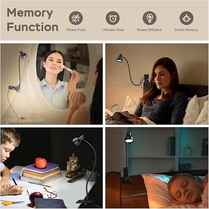 LiFMIRA Clip-on Reading Light - 3 Color Modes, 10 Dimmable Brightness,Black | Eye Care Clamp Desk Lamp with Flexible Gooseneck for Reading in Bed, Desk, Headboard, Computer - Image 6
