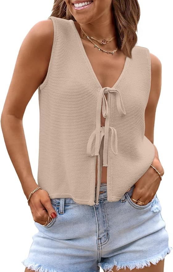 LILLUSORY Womens Tie Front Tops Vacation Sweater Vest | Bohemian Style, Beach Resort Wear, Concert Western Outfits, Crochet Tops, Vacation Outfits, Cute Y2k Sleeveless 2026 by Lillusory