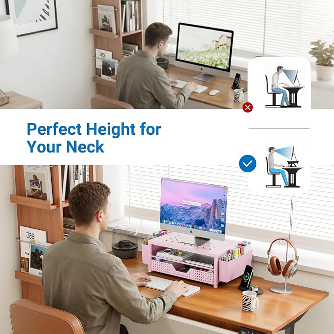 OPNICE Laptop Stand for Desk Organizer and Accessories, 2-Tier Computer Monitor Stand Riser with Drawer and 2 Pen Holders, Ventilated Perforated Steel Top, Office Desk Accessories for Home Office Supplies, Pink - Image 4