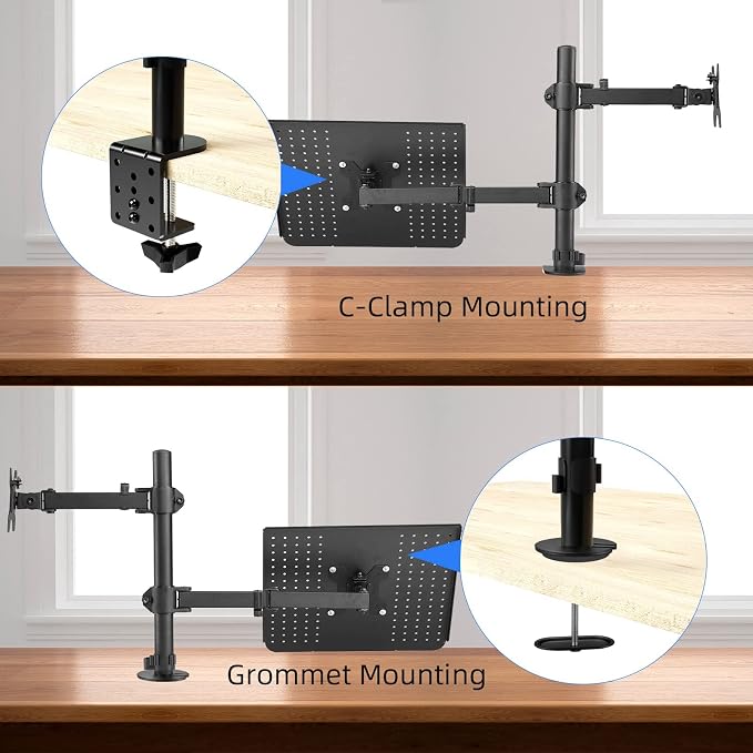 suptek Monitor and Laptop Mount Holds 13-32 inch Computer Screen, Adjustable Monitor Arm Stand with Laptop Tray for 13-27 inch, Hold 22 lbs, with Clamp and Grommet Mounting Base - Image 3