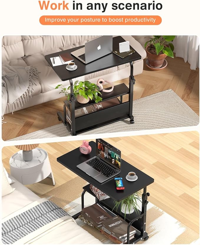 QZMDSM Portable Rolling Desk on Wheels Adjustable Height Desks for Small Spaces, 32" Computer Desk Drafting Tables with Storage Shelves for Home Office Black - Image 4