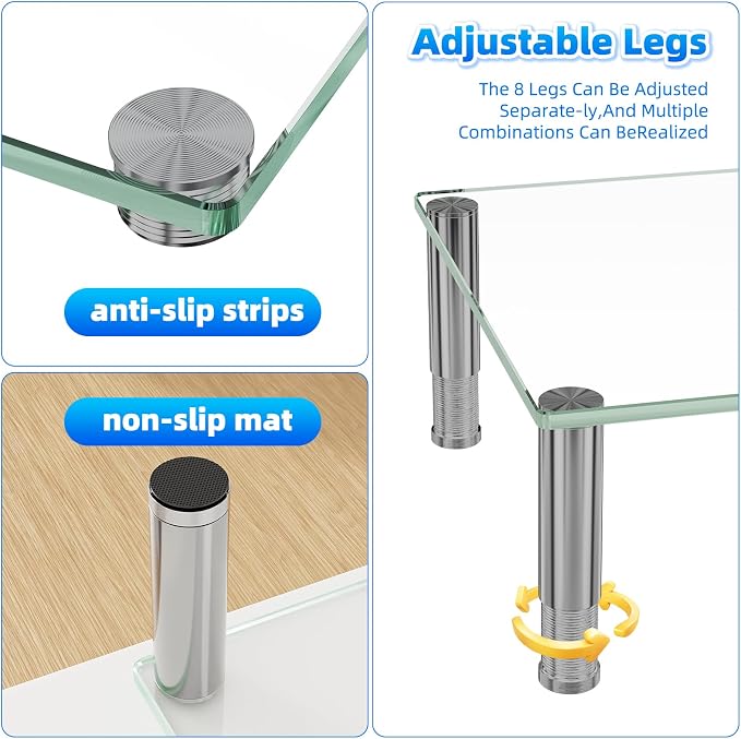Simple Trending Glass Dual Monitor Stand, Adjustable Length/Height, Clear | 41.5"L x 9.5"W x 5"H, height 3.5"-5", length 28.37"-41.5". Hold 260 lbs. Stainless steel feet. Tempered glass. Easy assembly - Image 7