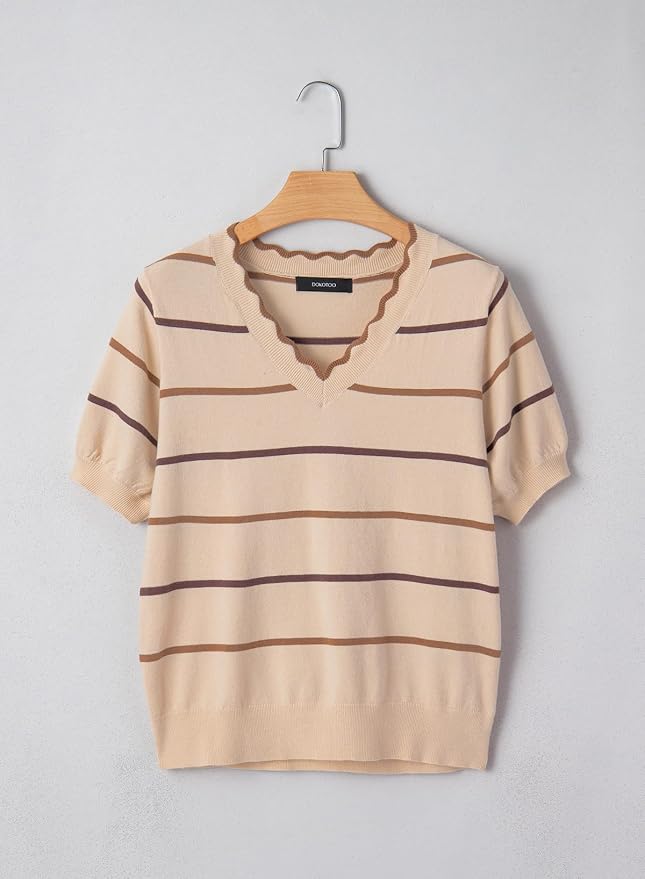 Dokotoo Womens Summer Short Sleeve Knit Tops 2026 Spring Trendy Casual V Neck Striped Sweater Blouses - Image 4