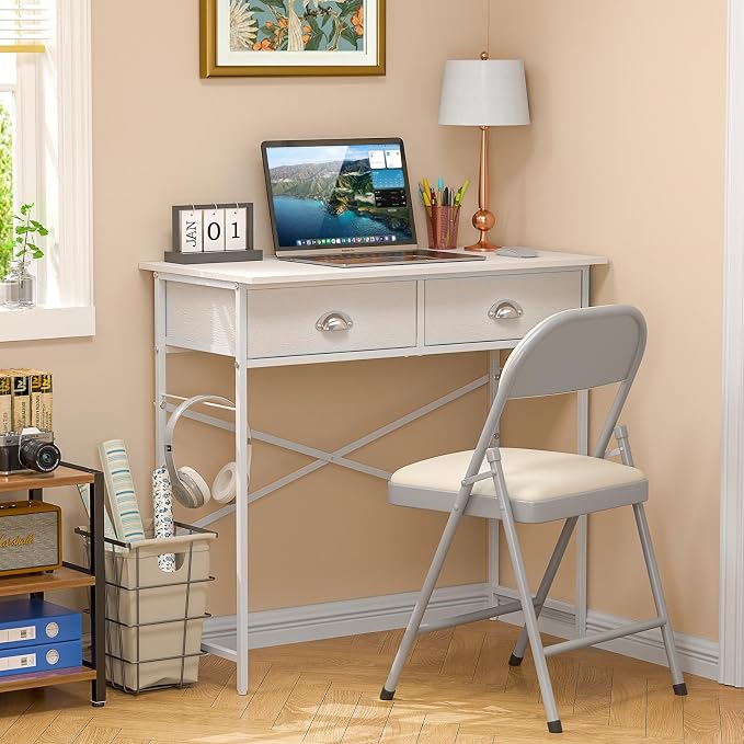 DAOUTIME Small Writing Desk for Kids Bedroom, 31.5 Inch Small Computer Desk for Small Spaces, Simple Desk with 2 Fabric Drawers for Home Office, Dorm, Living Room, Home Study Table, White - Image 8