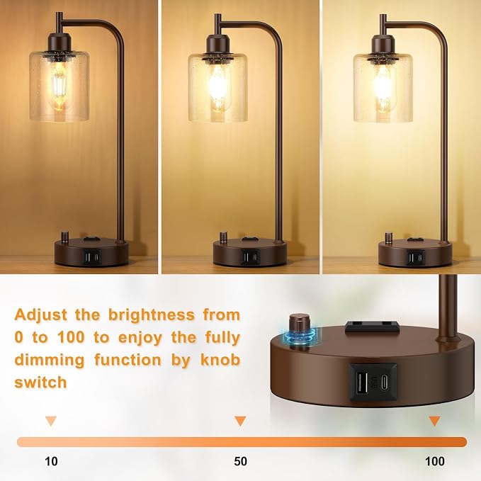 Innqoo Industrial Table Lamps for Bedrooms Set of 2 - Fully Dimmable Bedside Lamps with USB Ports and Outlet, Brown Nightstand Lamps with Glass Shade for Living Room, Desk Lamps for Office Reading - Image 2