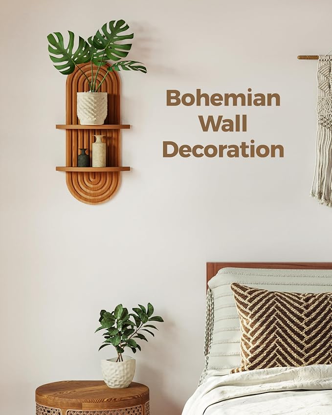 Bamworld Boho Wall Decor Brown Plant Wall Shelf, Mid Century Modern Decor Hanging Plant Shelf, 2-Tier Wooden Floating Shelves for Home, Bathroom Bedroom Living Room, Office Holding Planter Decoration - Image 3