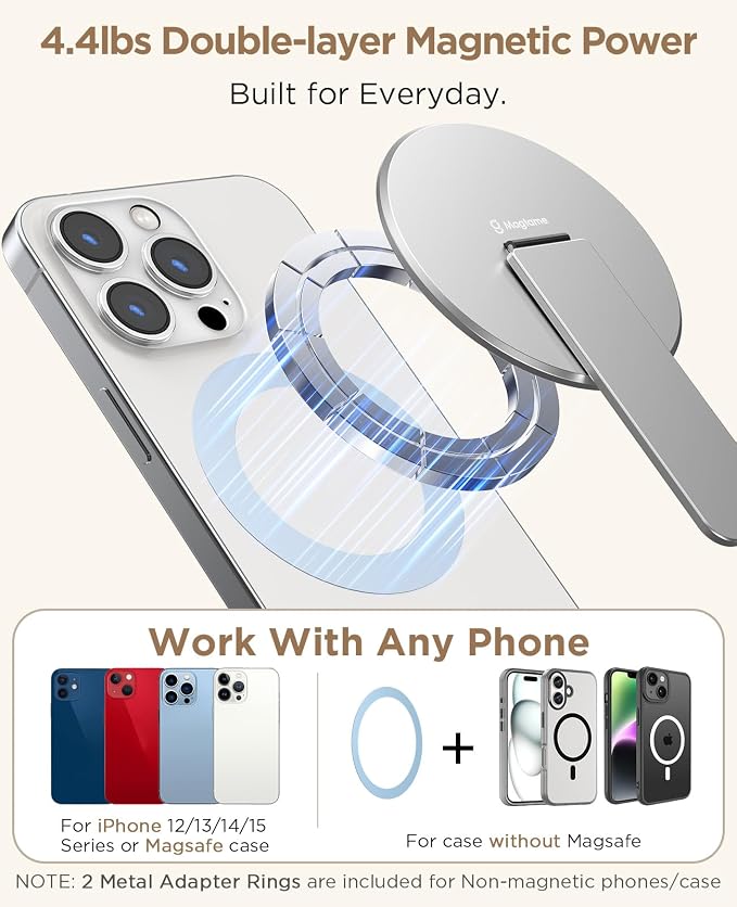 Magnetic Phone Stand Grip for Magsafe, Utral-Thin Snap-on Phone Kickstand, Holder & Grip, Foldable & Adjustable for Hands-Free Viewing | Compatible with Phone 16 15 14 13 12 Pro,Silver - Image 2