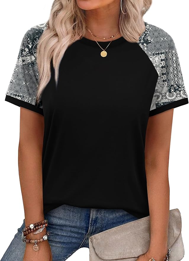WIHOLL Womens Summer Tops Color Block Short Sleeve Raglan Shirts Spring Fashion Clothes Vacation Outfits - Image 2