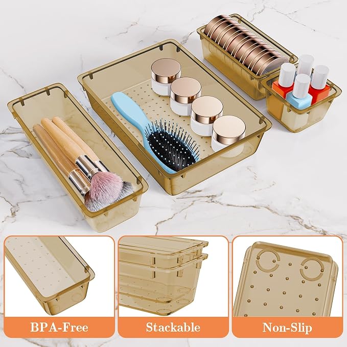 SpaceHacks 25 PCS Plastic Drawer Organizer Set, 4-Size Versatile Organizer Trays & storage Bins for Makeup, Jewelry, and Gadgets in Bathroom, Bedroom and Office,Champagne - Image 3