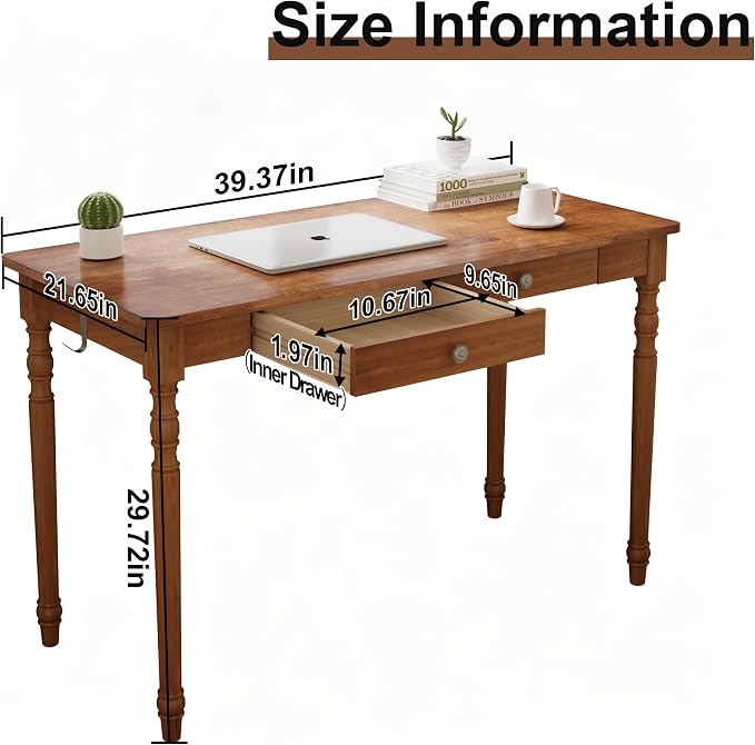 Solid Wood Writing Desk with Drawers - 39.4" Small Wood Vintage Desk, Mid Century Modern Desks, Wooden Computer Desks for Home Office, Traditional Vanity Dressing Table for Bedroom, Walnut - Image 2