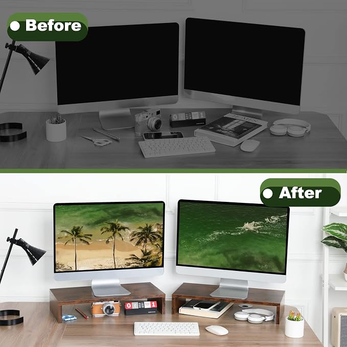 TEAMIX 2 Pack Monitor Stand Riser-20 inch, Wooden Tabletop Shelf for TV/PC/Laptop/Printer, Rustic Brown Monitor Riser with Storage, Computer Stand Ergonomic Design - Image 7