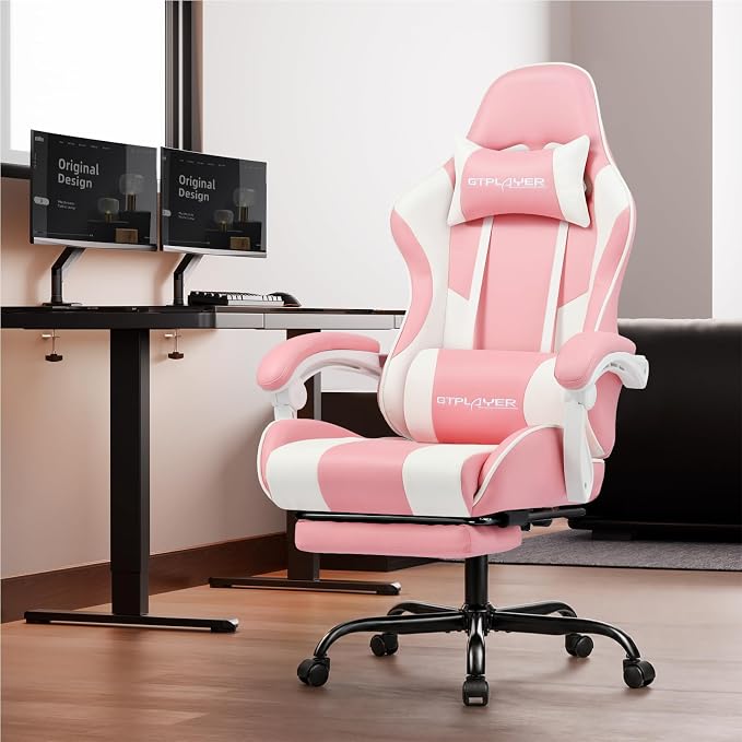 GTPLAYER Gaming Chair, Computer Chair with Footrest and Lumbar Support, Height Adjustable Game Chair with 360°-Swivel Seat and Headrest and for Office or Gaming (Faux Leather, Pink) - Image 2