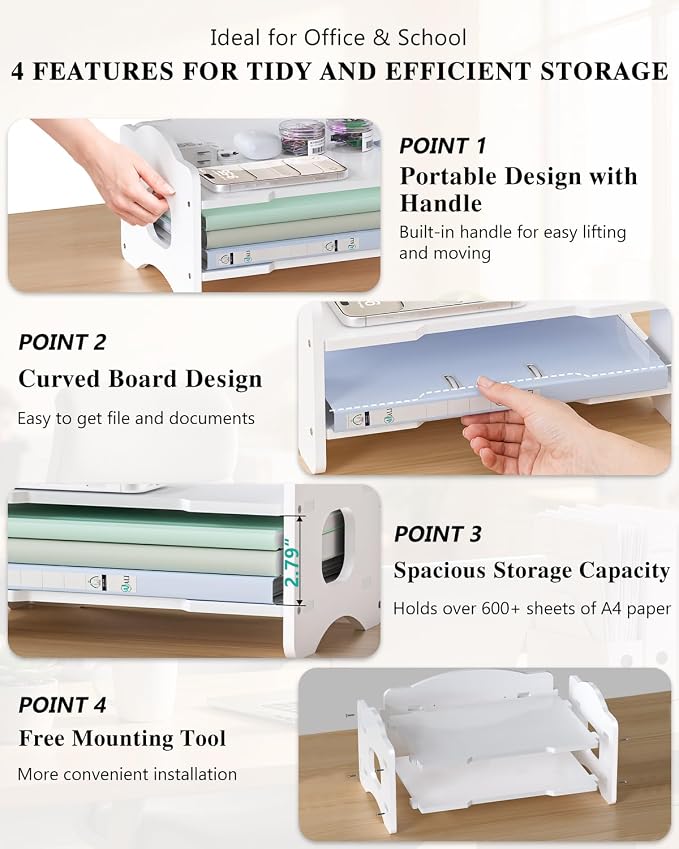WALI Desk File Organizer, 2 Tier Stackable Desktop Paper Letter Tray Organizer with Handle, Office Desk Accessories & Workspace Organizers for Office, Home, School Supplies, 1 Pack, White - Image 5