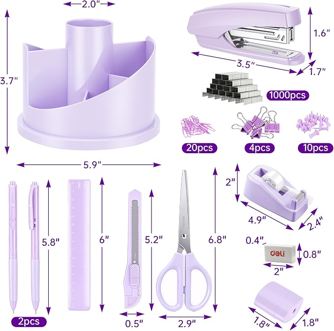 deli Office Supplies Set, Desk Accessory Organizer Kit, Purple | Stationary Set, Desk Supplies with Rotating Multi-Functional Pen Holder &Stapler Set for Office, School, Home - Image 3