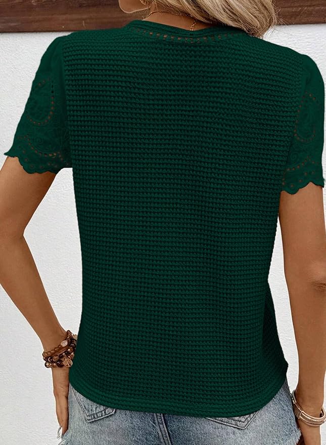 SHEWIN Womens Frenchy Summer Tops Crewneck Short Sleeve T Shirts Casual Waffle Knit Jacquard Blouses Top Shirts - Image 2
