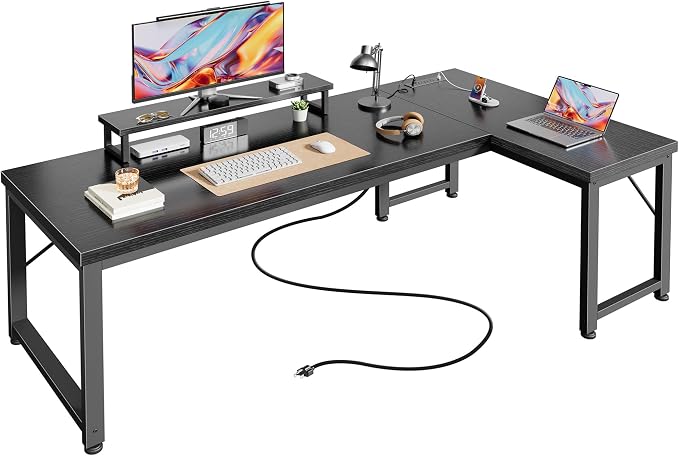 PRAISUN 53" L Shaped Computer Desk, Power Outlets, Monitor Stand, Black | USB-C Ports, Reversible Charging Station, Spacious Desktop & Legroom, 0.94 Inch Thick Desktop, for Gaming, Study & Work by PRAISUN