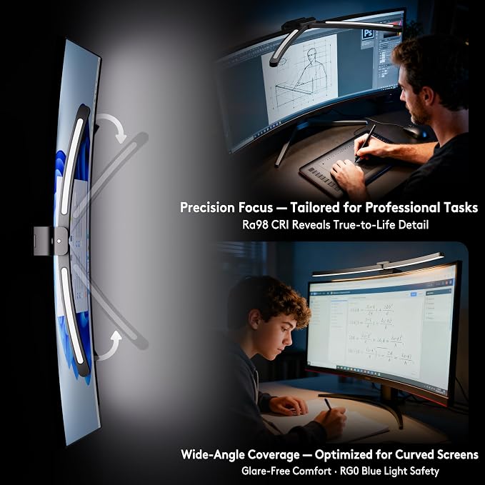 Quntis Curved Monitor Light Bar 15 RGB Backlight for 34"+ Screens, Computer Bar Lights Foldable Dual Light with Color Temperature Brightness Stepless Dimming, No Glare Desk Lamp for Home Office Gaming - Image 3