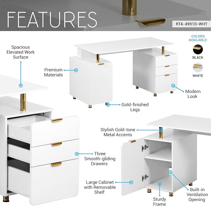 Techni Mobili 57"W Computer Desk w/ 3 Drawers & Storage Cabinet, White/Gold | Home office workstation, durable construction, everyday productivity, Ideal for home office, Workspace organization - Image 4