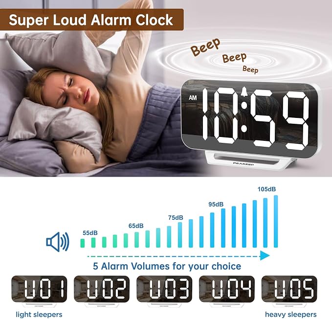 Peakeep Slim Digital Mirror Aesthetic Alarm Clock for Bedrooms Desk Decor | Plug in Electric Big LED Modern Small Clock for Office Living Room, Battery Backup, 6 Dimmers (White) - Image 5