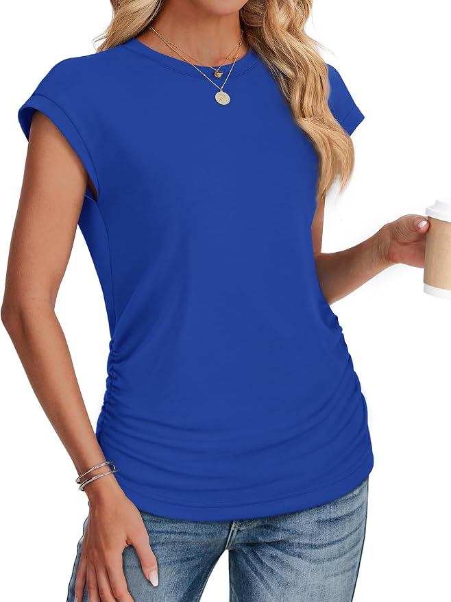 Sampeel Womens Summer Tops Trendy 2026 Ruched Cap Short Sleeve Tshirts Shirts Crew Neck T Shirts Fashion - Image 3