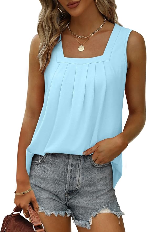 Saloogoe Summer Tank Tops for Women Loose Fit Pleated Square Neck Sleeveless Tops Curved Hem Flowy - Image 2