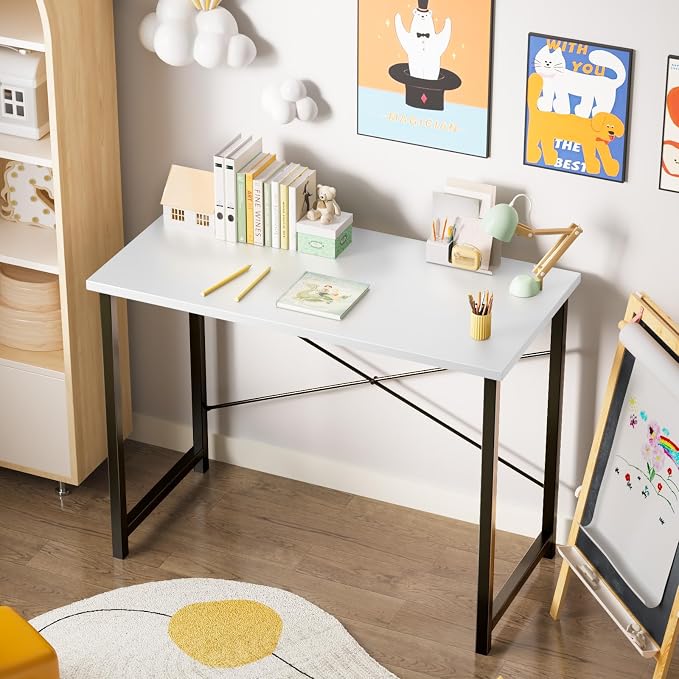 Sweetcrispy 32-Inch Small Computer Desk for Bedroom, Modern White | Gaming Writing Work and Study Desk for Home Office, Sturdy Metal Frame and Compact Modern Design with X-Shaped - Image 6