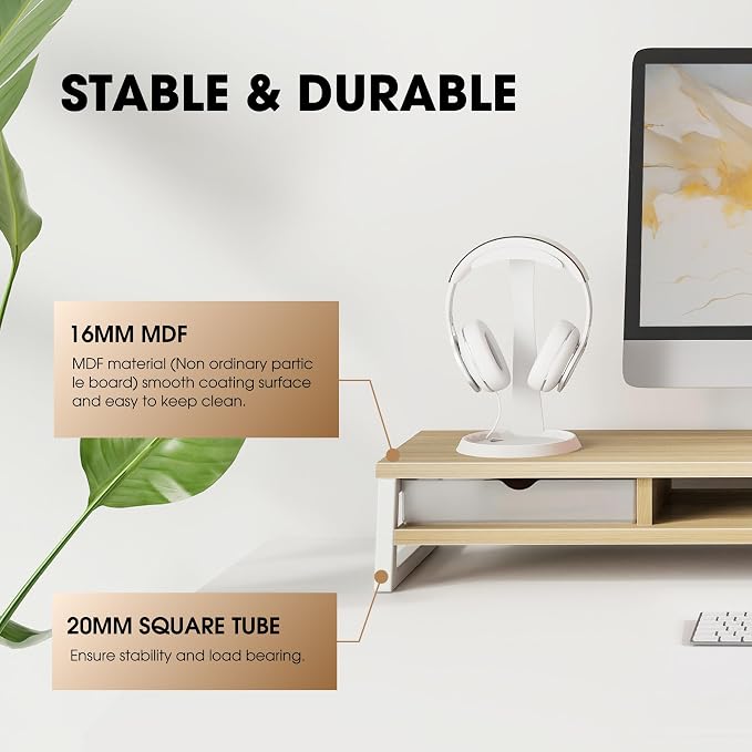 Fenge Dual Monitor Stand, Monitor Riser with Drawer, 42.5 Inch Large Computer Monitor Stand for 2 Monitors, 2 Tier Wooden Desk Shelf for Top of Desk - Image 4