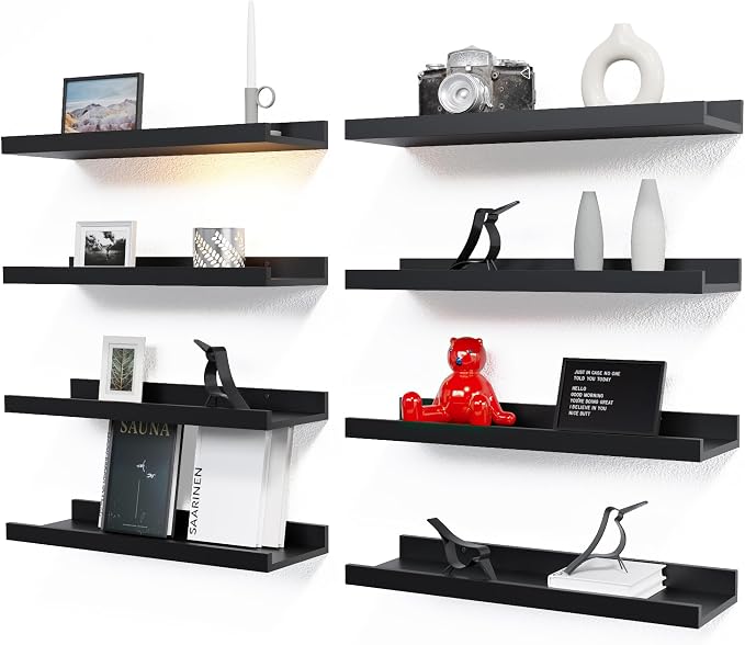 RICHER HOUSE 8-Set Floating Shelves with Lip, Black Wall Mounted Wood Shelf | Display Picture Ledge Shelf, Anti-drop lip Shelf for Room Wall Decor, Bedroom Bathroom Storage Nursery Hanging Book Shelves by RicherHouse