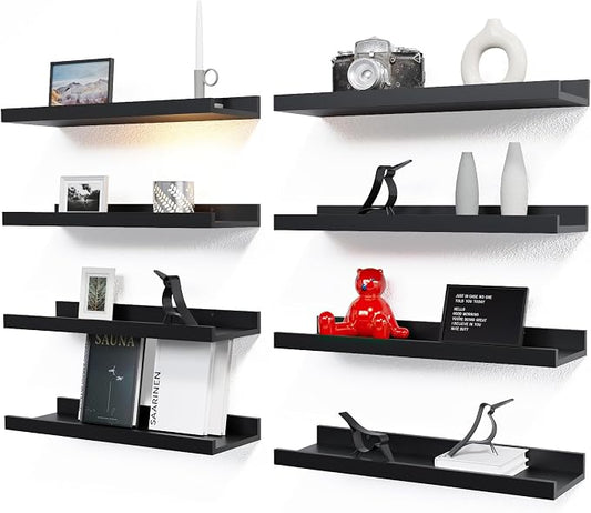 RICHER HOUSE 8-Set Floating Shelves with Lip, Black Wall Mounted Wood Shelf | Display Picture Ledge Shelf, Anti-drop lip Shelf for Room Wall Decor, Bedroom Bathroom Storage Nursery Hanging Book Shelves by RicherHouse
