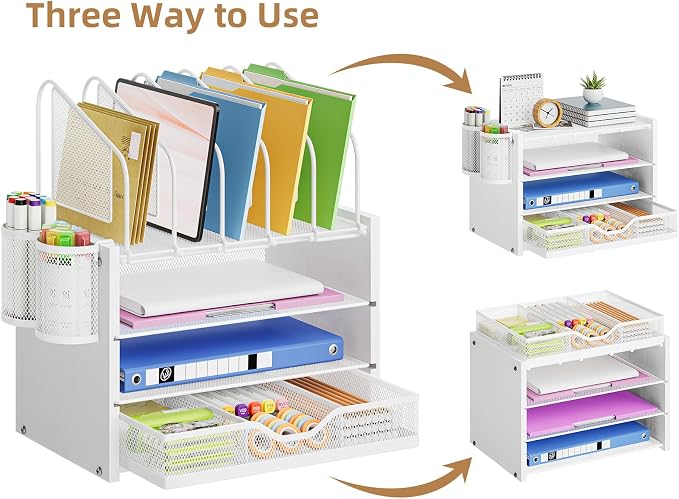 Marbrasse Desk organizer with Drawer, 4-Tier Wooden File Organizer with 5 Vertical File Holders and 2 Pen Holders, Desk Organizers and Accessories for Home Office - White - Image 4