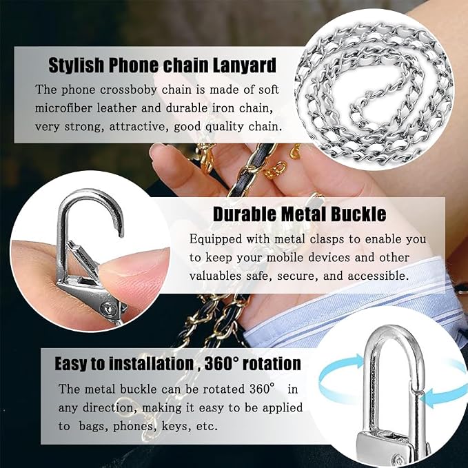 Phone Crossbody Chain Cell Phone Lanyard,Leather+Metal Shouder Strap Universal Cellphone Chain Strap with Tether Patches Compatible with Most Phones Bag Purse Silver+White - Image 2