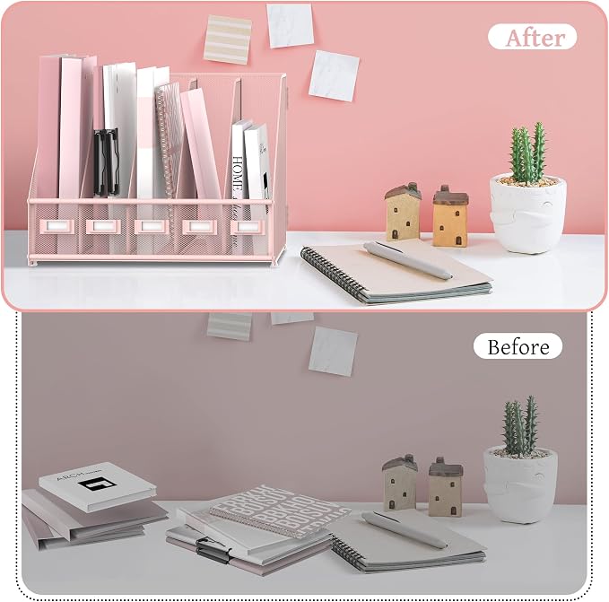 SUPEASY Desk Organizers Metal Desk Magazine File Holder with 5 Vertical Compartments Rack File Organizer for Office Desktop, Classroom, Home Workspace, Pink - Image 5