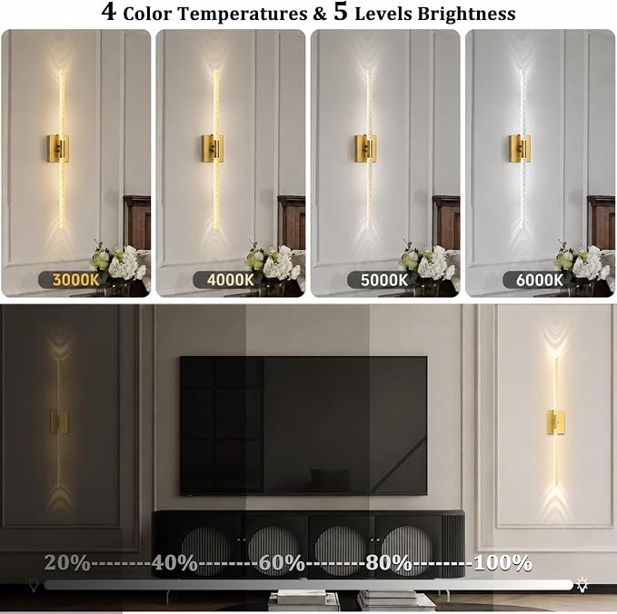 iThird Crystal Bubble Gold Wall Sconces Set of 2: 10000mAh Rechargeable Wireless Lights with Remote & 360° Rotate, 4 Color Temps Dimmable, 31" Lamp Decor for Bedroom Living Room Mirror - Image 8