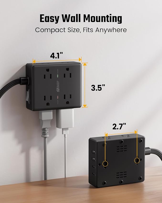SUPERDANNY Extension Cord,Flat Plug Surge Protector Power Strip,10Ft | 8 AC & 4 USB Ports (2 USB C),Surge Protector with 1050J,Desk Charging Station for Home Office,College Dorm Room Essentials - Image 7