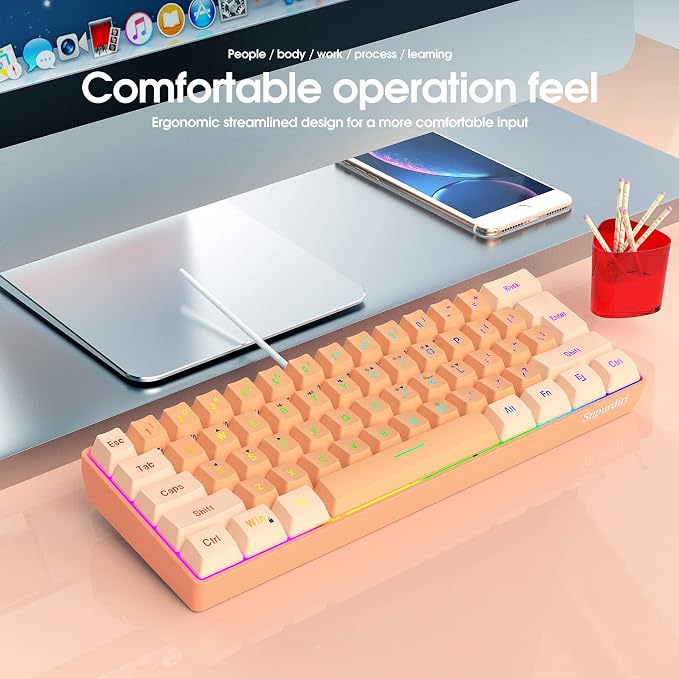 Snpurdiri 60% Wired Gaming Keyboard, RGB Backlit Ultra-Compact Mini Gaming Keyboard for PC/Mac Gamer, Typist, Travel (Cream and Orange) | Backlit Ultra-Compact Mini Gaming Keyboard for PC/Mac Gamer, Typist, Travel - Image 7